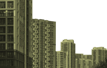 cityscape of modern apartment towers in a halftone effect with muted green tones. The tall