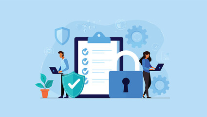 Cybersecurity concept digital security checklist and locked symbol with people using laptops