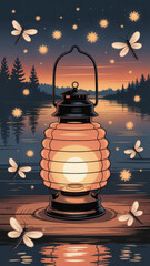 Softly Lit Lantern Surrounded by Fireflies Over a Tranquil Lake at Sunset