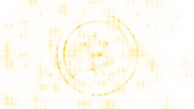 Abstract technological background with bitcoin and binary code overlay. Futuristic data visualization concept with warm organic waves. Digital art with a transparent background.