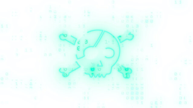 Abstract cybersecurity concept with a skull and crossbones symbol representing a computer virus or malware, surrounded by glitch effects and binary code. Isolated with a transparent background.