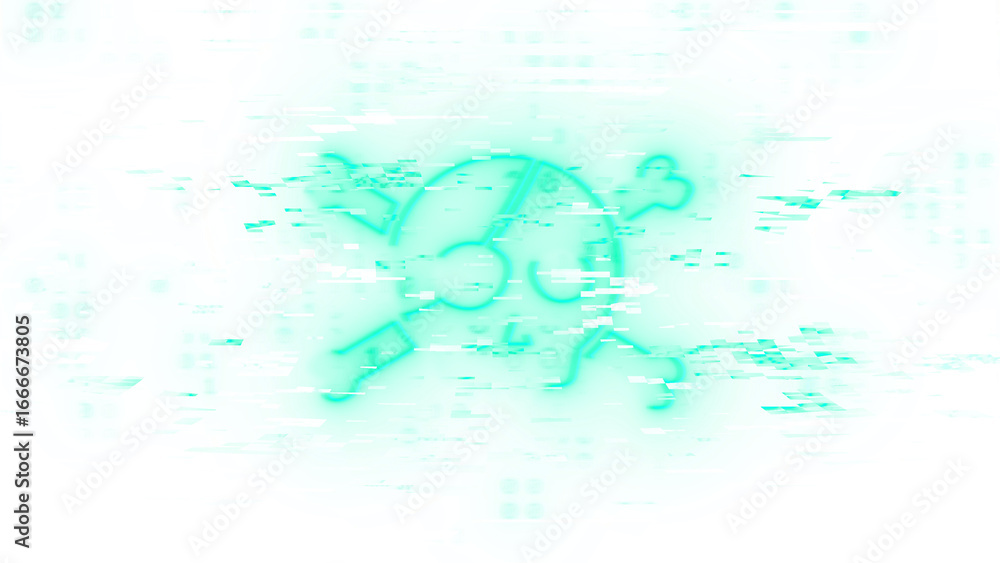 Poster psychedelic glitch art of a skull and crossbones symbol with neon colors and abstract digital distor