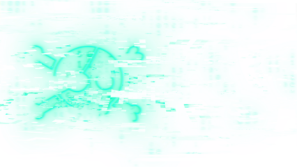 Cyberpunk glitch art background with cyan and blue skull distortion effects. Futuristic vaporwave aesthetic with data moshing texture on a transparent background for easy compositing. Copy space.