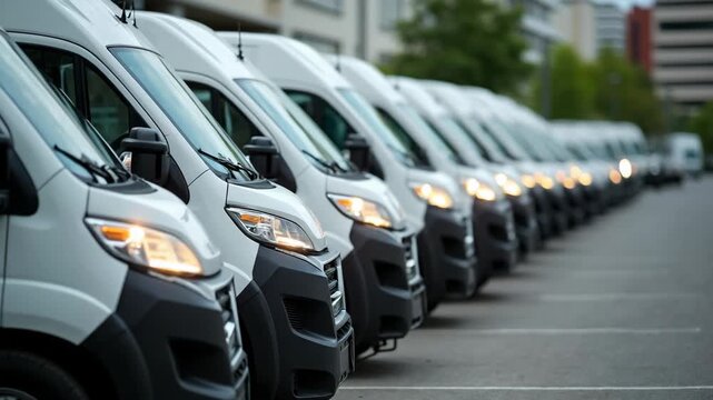 Parked white commercial vans row with visible headlamps in city. Urban transportation fleet for logistic, shipping, courier business, cargo distribution, service or freight automotive.