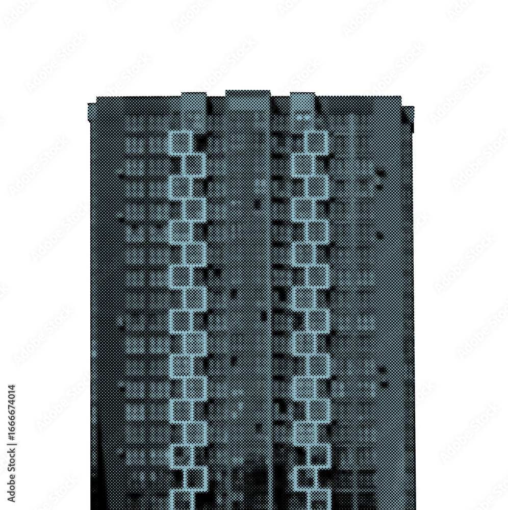 Poster cyan halftone image of a modern apartment block with repeating square balconies and vertical window