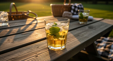Refreshing iced tea with mint and ice cubes on wooden picnic table at sunset, perfect for summer relaxation