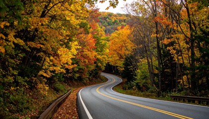 Naklejka premium Scenic Winding Road Through Vibrant Autumn Forest with Colorful Fall Foliage