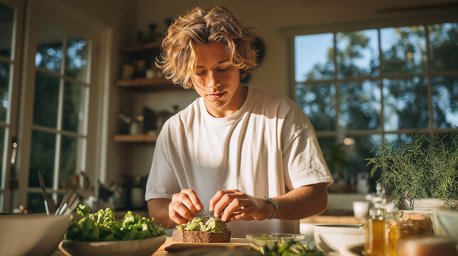 Teenager preparing healthy avocado toast in bright kitchen with morning sunlight.