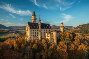 Fototapeta premium Ancient fortress nestled in mountainous terrain surrounded by autumn foliage