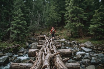 Traveler Rushes Over Wooden Bridge Amid Picturesque Wilderness