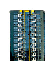 Modern residential high-rise building with glass facade and bold yellow vertical accents, isolated