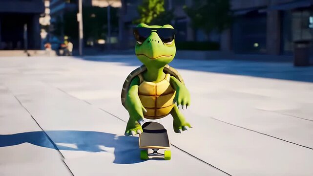 cool cartoon turtle skateboarding with sunglasses