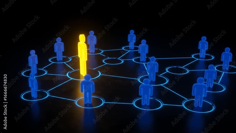 Poster person standing out in connected network visualization animated on black background