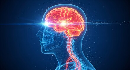 Medical 3D illustration showcasing human brain anatomy. Ideal for neuroscience, neurology, cognitive science, healthcare, pharmaceuticals, research projects, education.