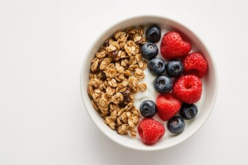 Crispy homemade granola served with yogurt and fresh berries in a bowl on a white surface. Nutritious morning meal