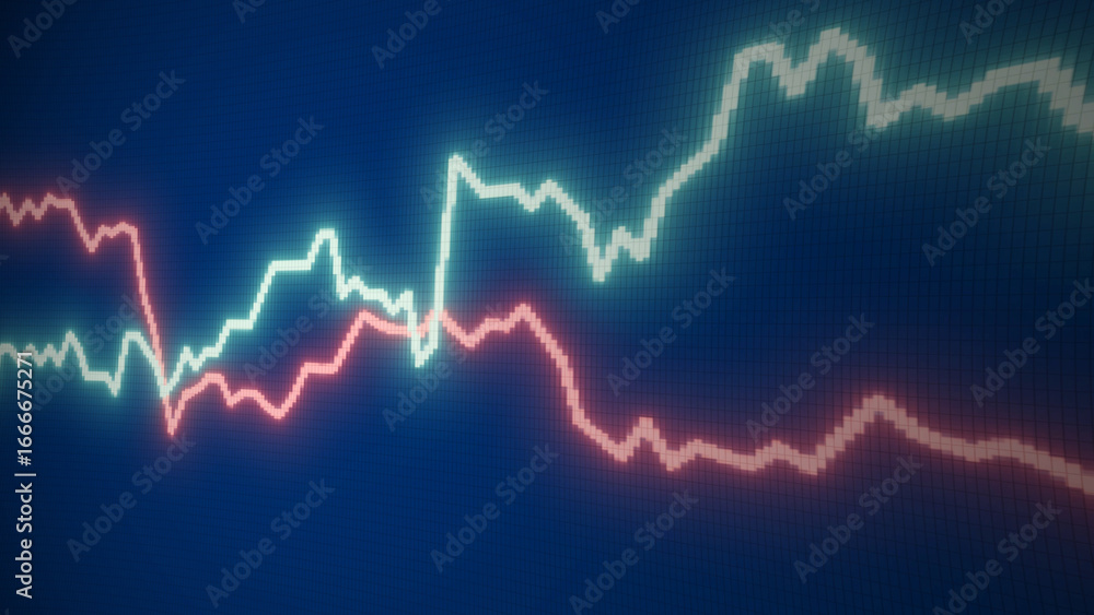 Poster digital stock market or forex trading graph with two glowing lines showing financial data analysis, 