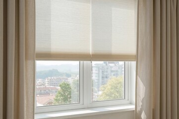 Cordless cellular honeycomb pleated shades for apartment windows - modern window treatments with automated curtains.