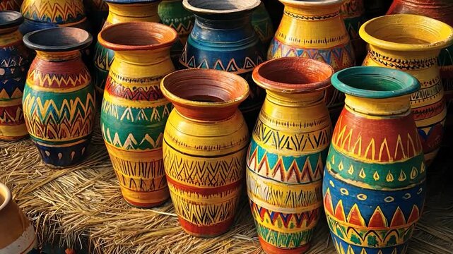 Hand-painted clay pots in vibrant colors