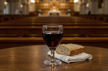 Sacramental bread and wine arranged on rustic wooden surface inside a place of worship.