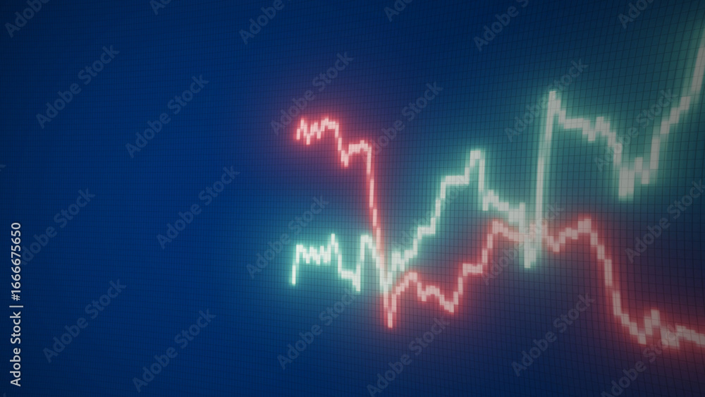 Poster graphics image of a digital stock market chart with red and green lines showing financial trends, in