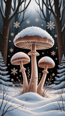 Snow-Covered Mushrooms in a Wintery Forest Scene