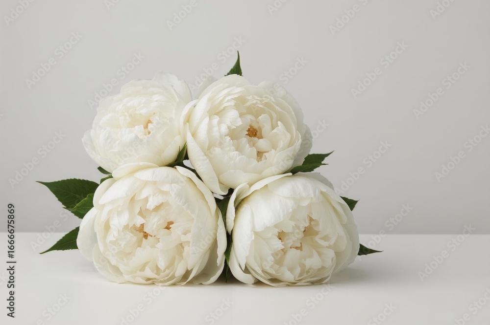 Poster freshly picked white peony blooms resting on a table with a soft gray background, ideal for a sincer