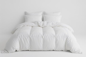Isolated white bedding setup with pillows and duvet on bed