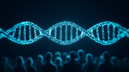 Genetic Code Concept with DNA Helix and Silhouette of People in Futuristic Design Background