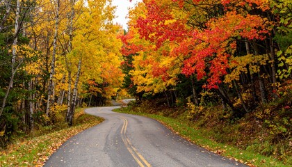 Naklejka premium Winding Autumn Road through Vibrant Fall Foliage