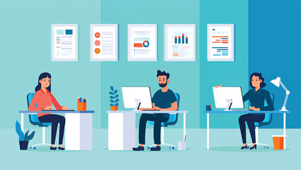 Teamwork in Modern Office Vector Illustration