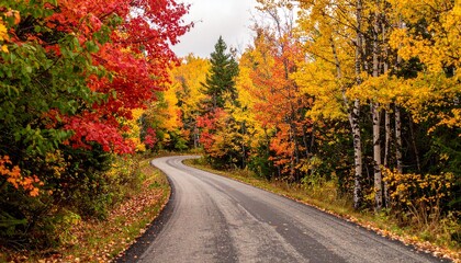 Fototapeta premium Winding country road through a vibrant forest with brilliant red and yellow autumn foliage.