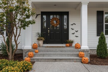 Naklejka premium Steps and a bench adorned with carved pumpkins, bats, and spiders beside a modern house featuring a black entrance door, potted tree, and white exterior walls, capturing the Halloween spirit.