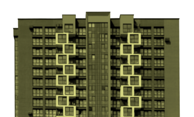 Halftone-style graphic of a modern residential building with repeating balconies. The image is