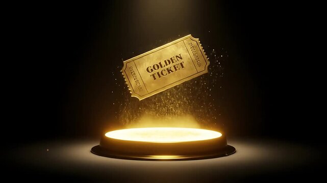 Golden Ticket Floating Above Lit Pedestal With Glittering Dust Effect