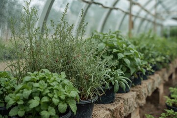 Greenhouse and potted plants in an herbal garden setup