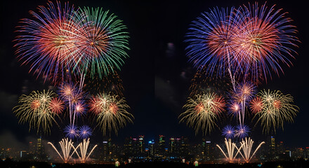Fireworks display over the city skyline at night