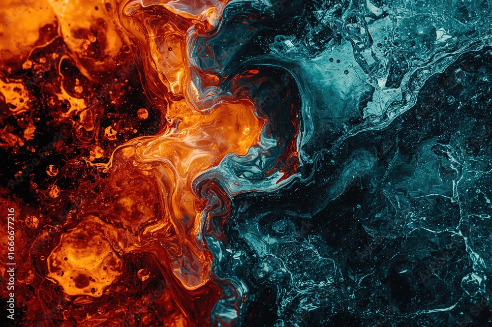 Poster imaginary environment of extreme temperature variations with bright orange and blue patterns. enhanc