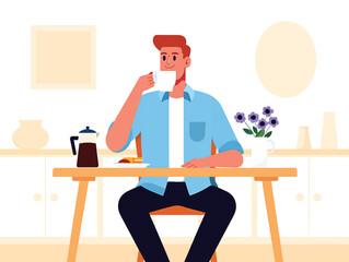 Man Enjoying Morning Coffee and Breakfast at Home