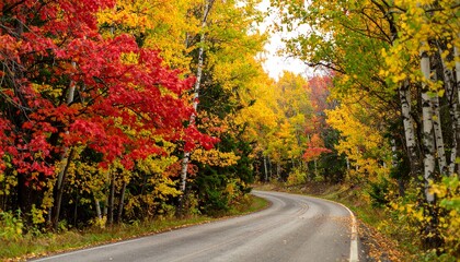 Winding Road Through Vibrant Autumn Forest with Colorful Fall Foliage