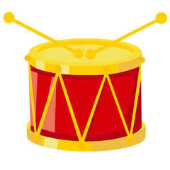 Red drum with drumsticks. Musical instrument, drum machine. Vector illustration cartoon flat icon isolated on white background.