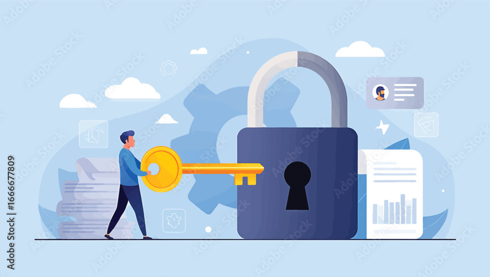 Poster digital security concept a person with a key unlocks a padlock, representing data protection, privac