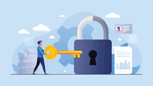 Digital security concept A person with a key unlocks a padlock, representing data protection, privacy, and secure access management solutions