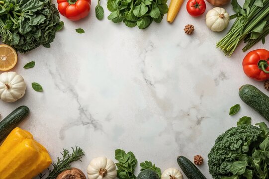 Brochure layout featuring fresh produce and eco-friendly icons with a soft-focus background. Nutritious vegetarian dishes emphasized for promotional materials like posters and flyers. - Powered by Adobe