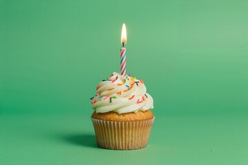 Cupcake topped with a 108th birthday candle and festive decorations on a green background
