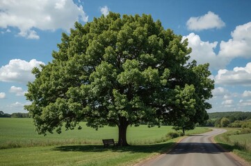 Large leafy green tree beside a path with a bench nearby in open fields