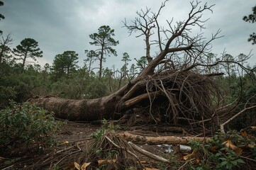 Massive tree struck by severe weather. It once stood tall in the woodland but could not withstand nature's fury.