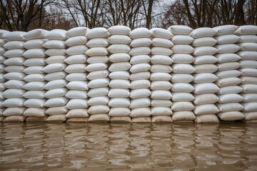 Large sandbag barrier for flood protection, sandbag fortification