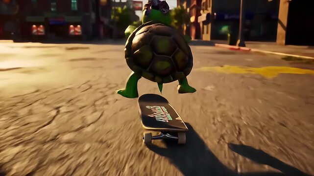 determined cartoon turtle skateboarding on city street
