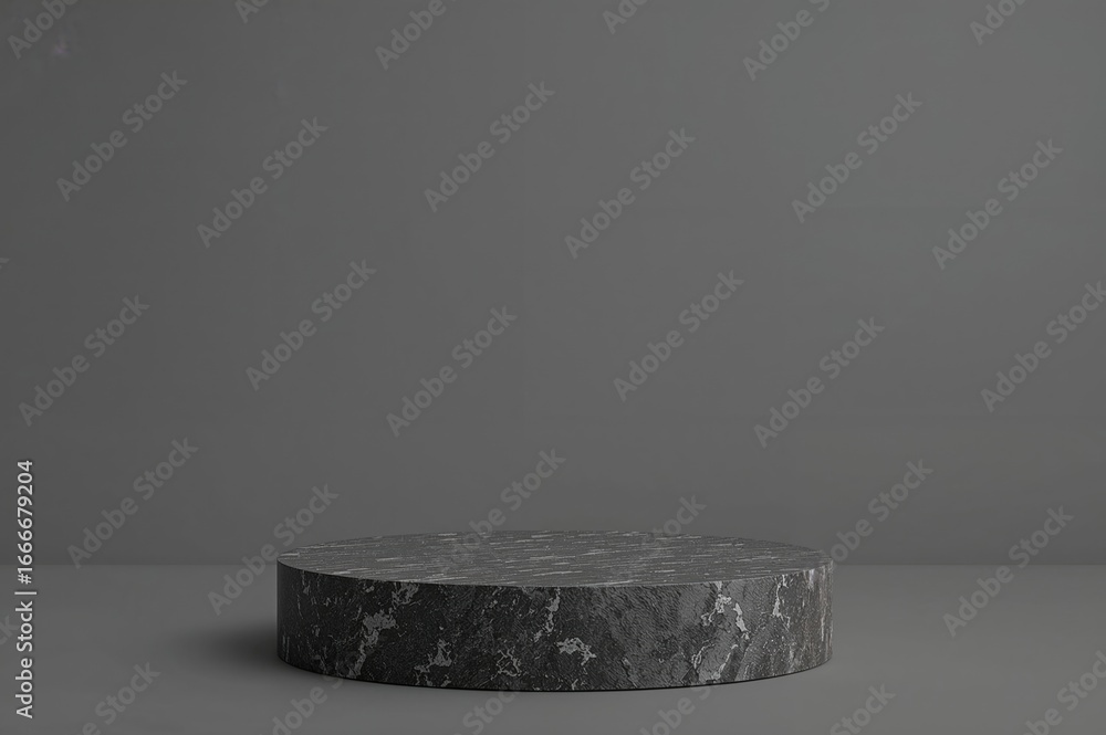 Poster minimalistic black and gray circular stone platform on a plain gray backdrop