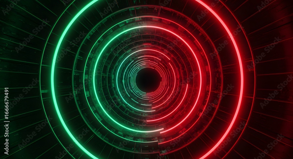 Aufkleber abstract concentric circles glow with vibrant neon red and green light against a dark background, cr